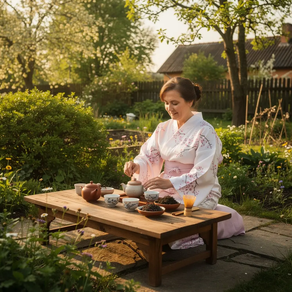 Žaliosios arbatos lapai, išdėstyti ant medinio stalo