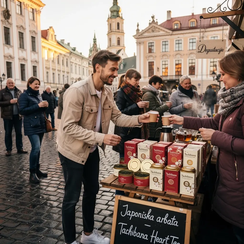 Tachibana širdies arbatos puodelis su garuojančiu skysčiu