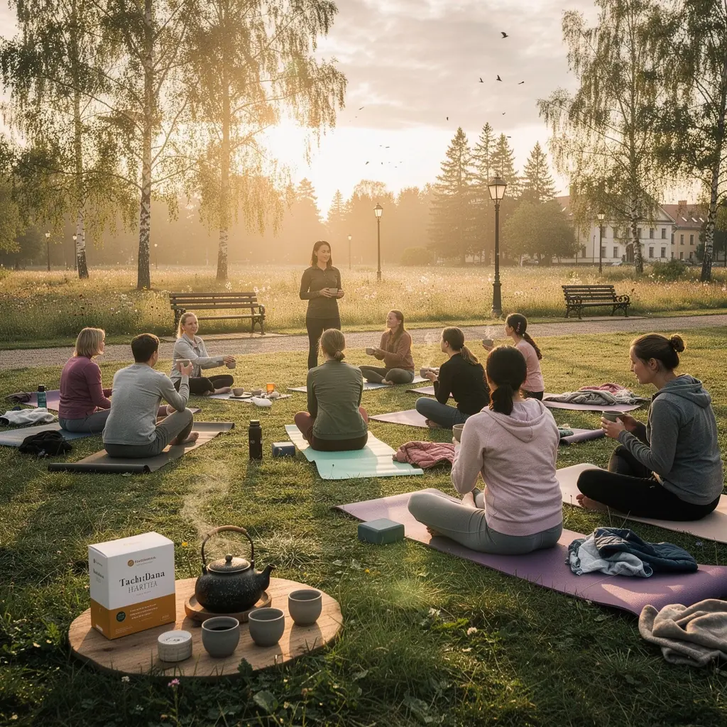 Žaliuojančių arbatmedžių laukai, besitęsiantys iki horizonto, saulėlydžio šviesoje.