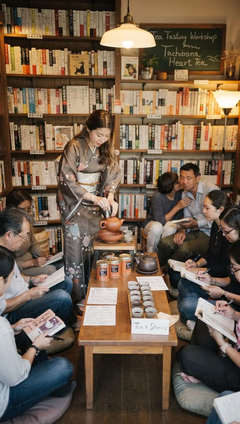 Tachibana širdies arbatos puodelis, dekoruotas japoniškais simboliais ir gėlėmis.